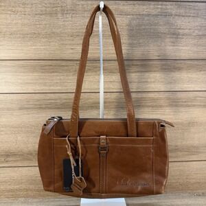 New‎ Spikes & Sparrow Medium Leather Double Strap Shoulder Bag Cognac Brown